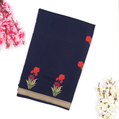 Navy Blue Handwoven Banarasi Silk Saree With Embroidered Floral Motifs