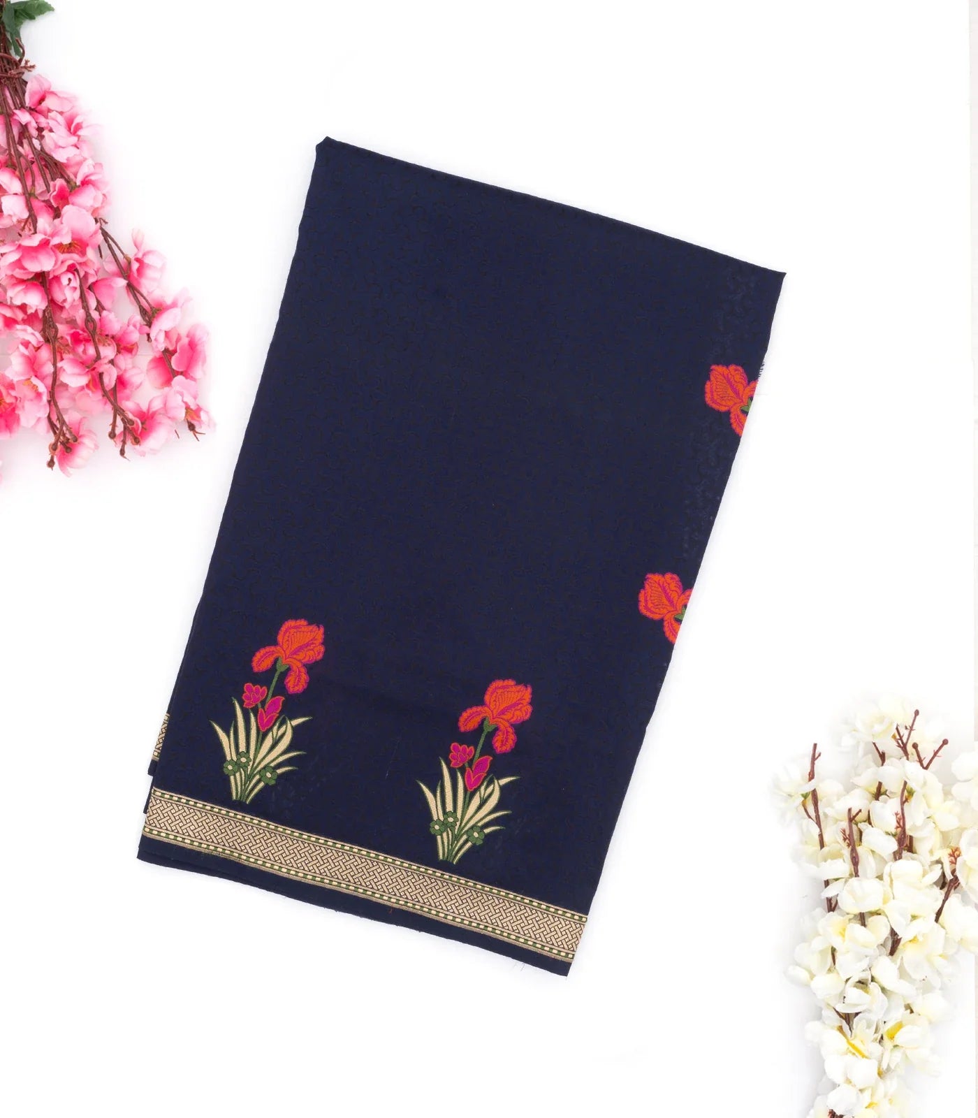 Navy Blue Handwoven Banarasi Silk Saree With Embroidered Floral Motifs