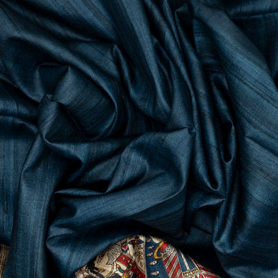 Steel Blue Handloom Tussar Silk Saree With Printed Wedding Motifs
