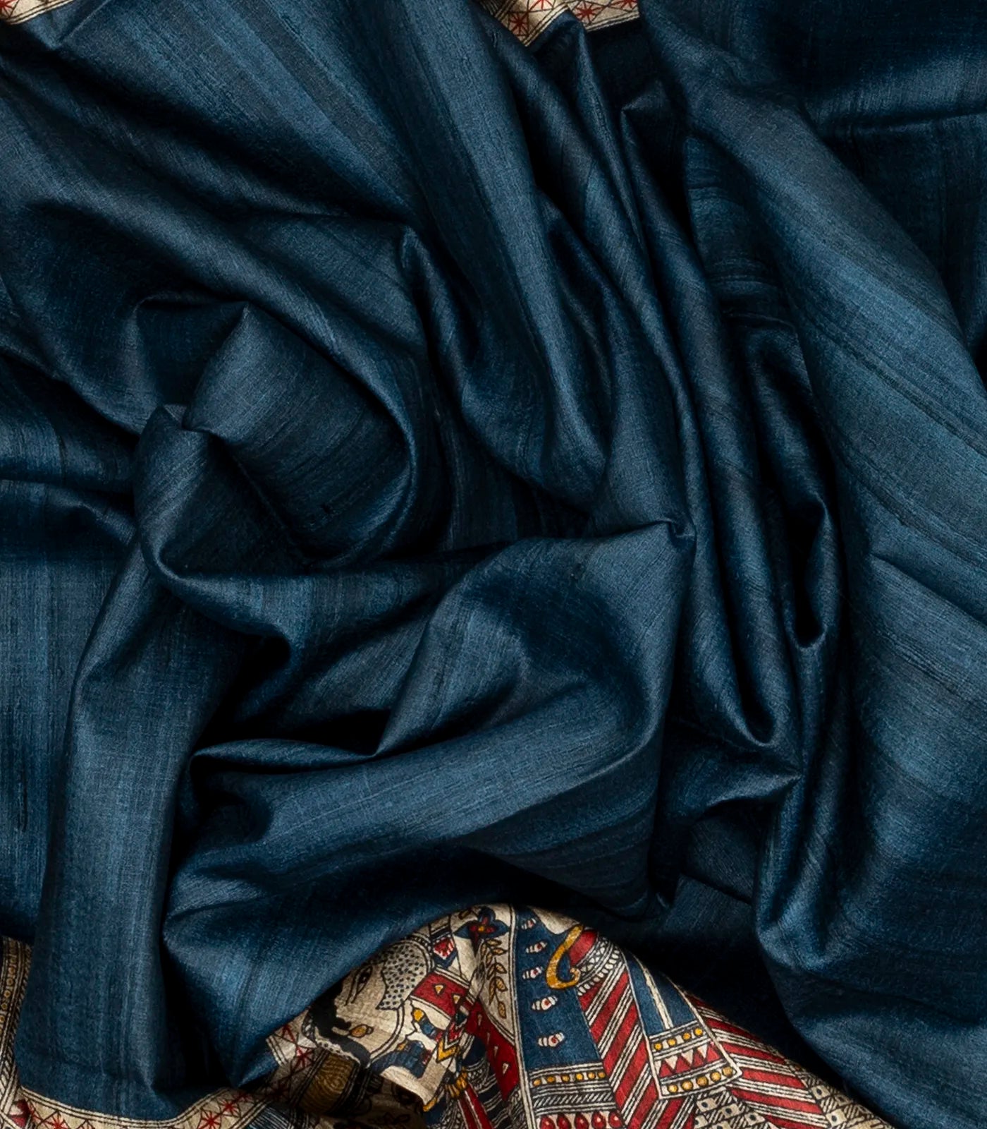 Steel Blue Handloom Tussar Silk Saree With Printed Wedding Motifs