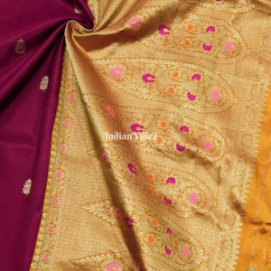 Wine with Mustard Yellow Designer Banarasi Katan Silk Saree