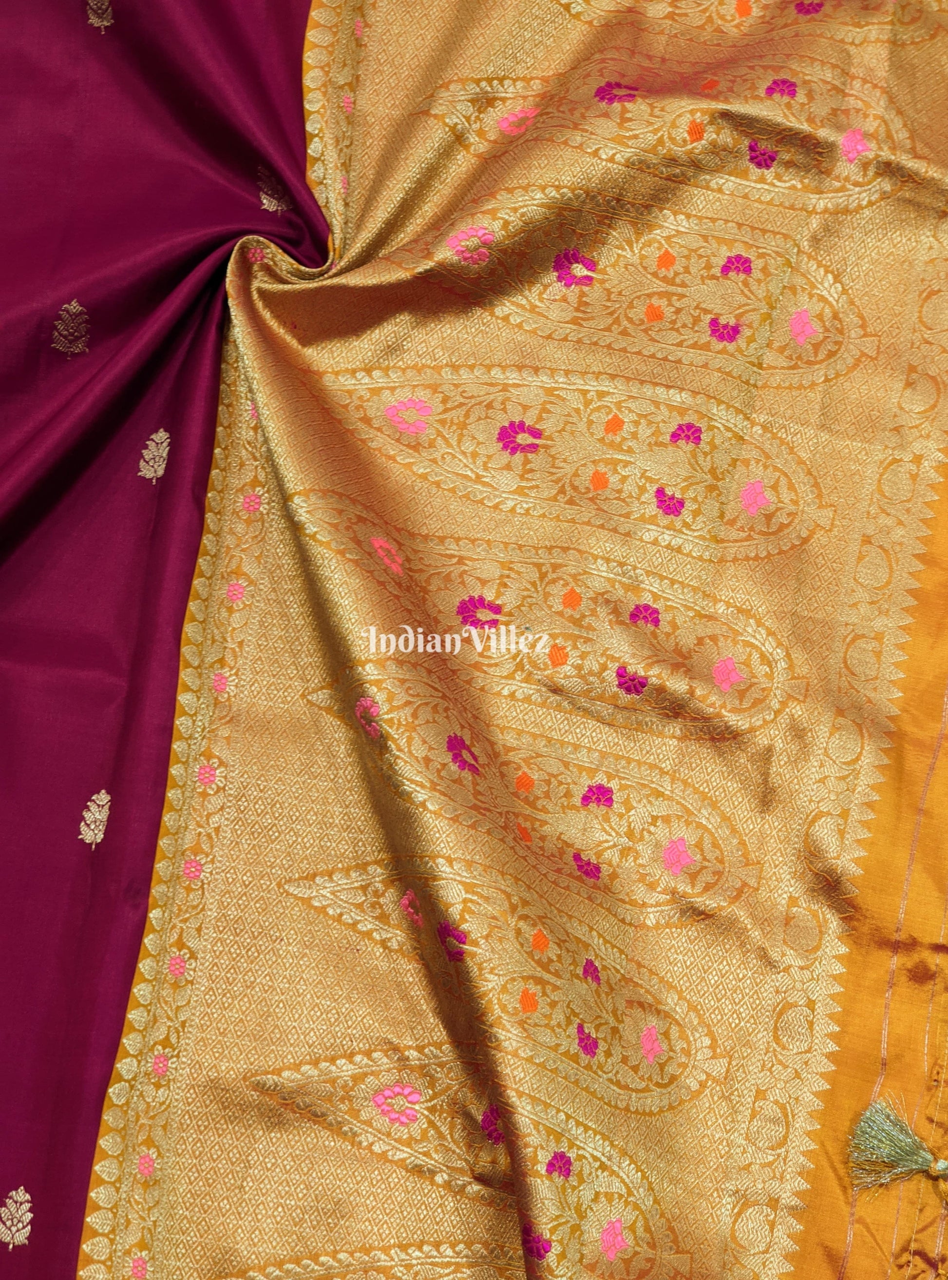 Wine with Mustard Yellow Designer Banarasi Katan Silk Saree