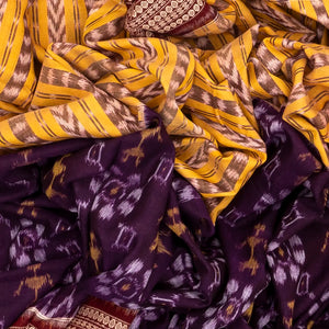 Violet & Yellow Handloom Orissa Cotton Saree With Tie & Dye Motifs