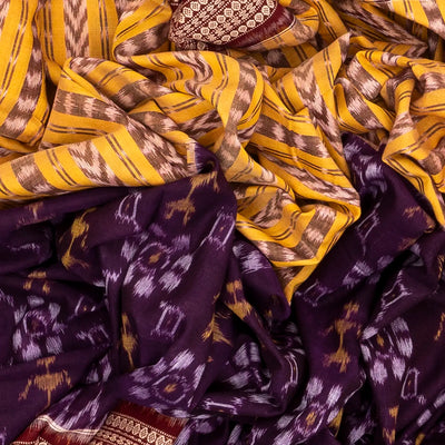 Violet & Yellow Handloom Orissa Cotton Saree With Tie & Dye Motifs