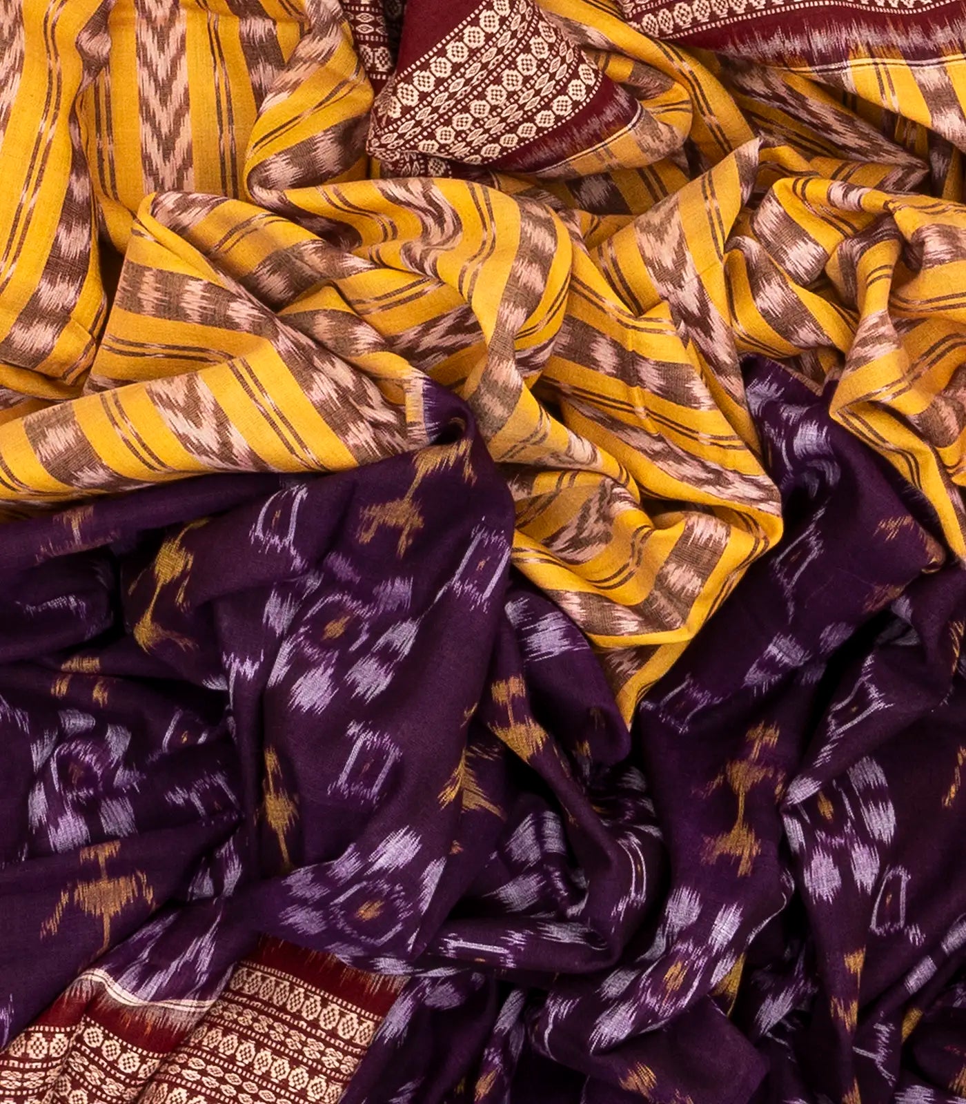 Violet & Yellow Handloom Orissa Cotton Saree With Tie & Dye Motifs