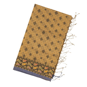 Beige Bengal Cotton Saree With Checks & Floral Motifs