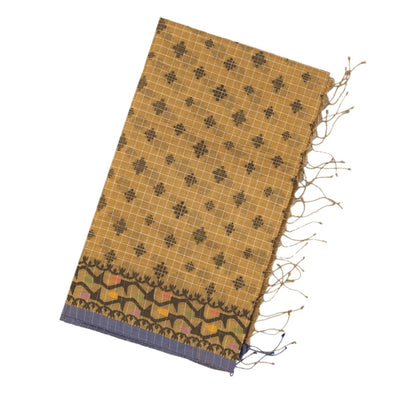 Beige Bengal Cotton Saree With Checks & Floral Motifs