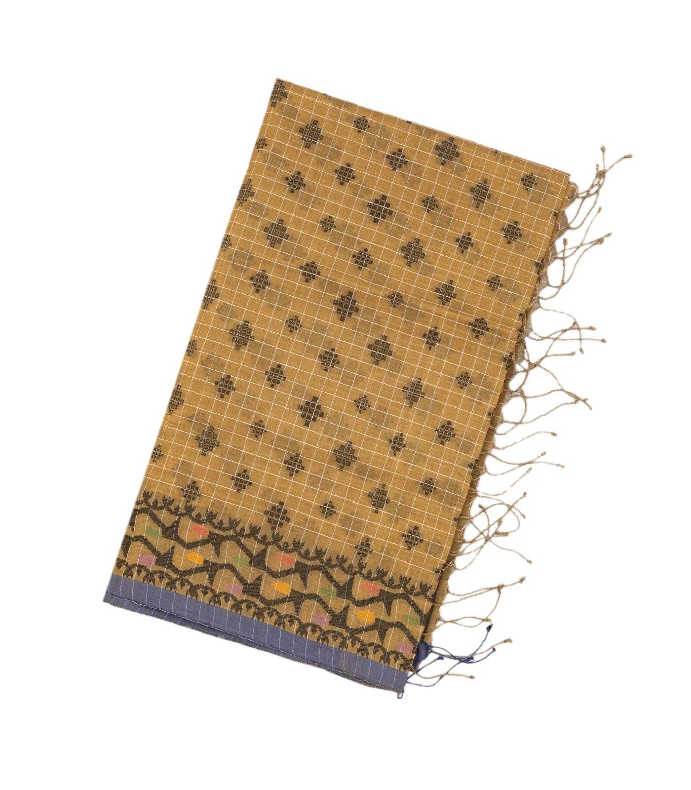 Beige Bengal Cotton Saree With Checks & Floral Motifs