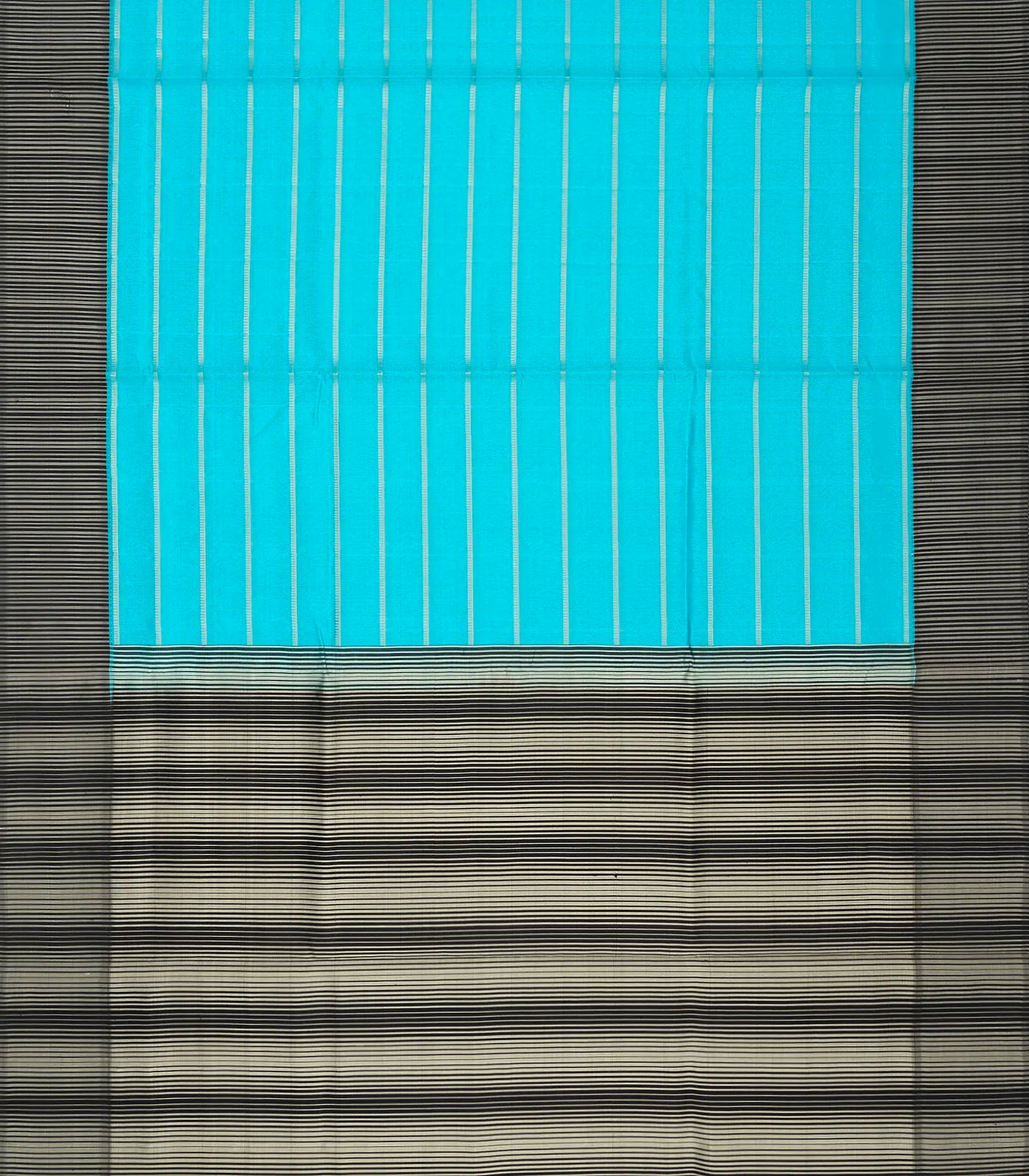 Turquoise Handloom Kora Silk Saree With Beldari Stripes & Black Border