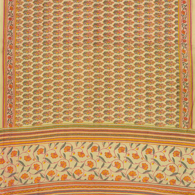 Cream Handloom Chanderi Cotton Saree With Printed Pink Floral Motif