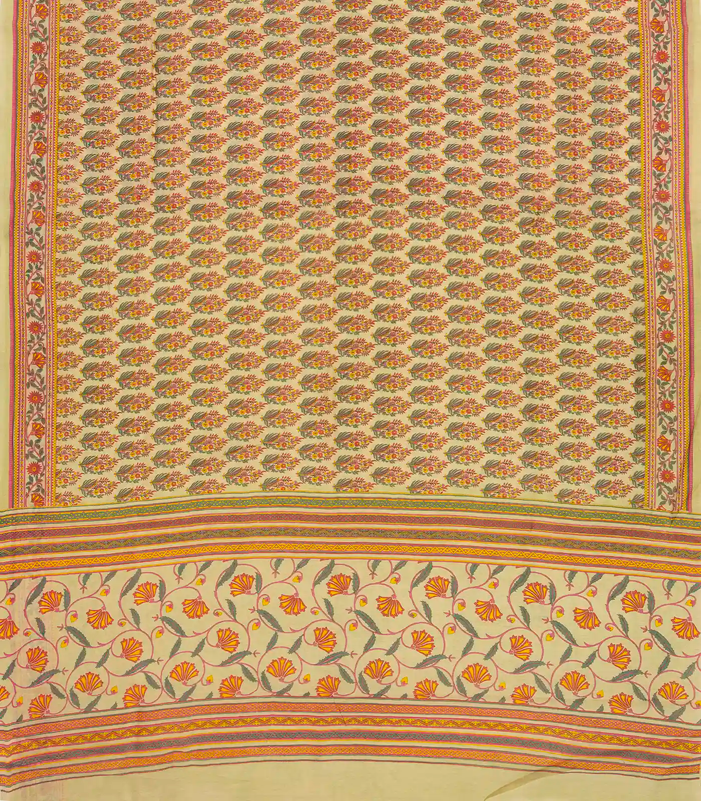 Cream Handloom Chanderi Cotton Saree With Printed Pink Floral Motif