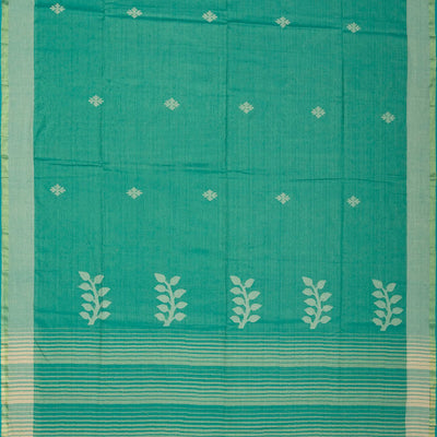 Aquamarine Handloom Bengal Cotton Saree With Floral Buttas & Stripes
