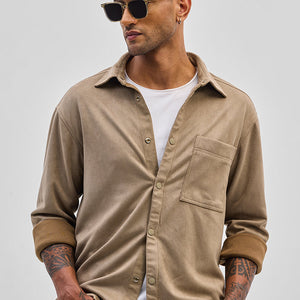 Beige Suede Snap Button Overshirt