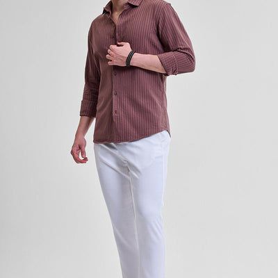 White Self-Design Slim Fit Trousers