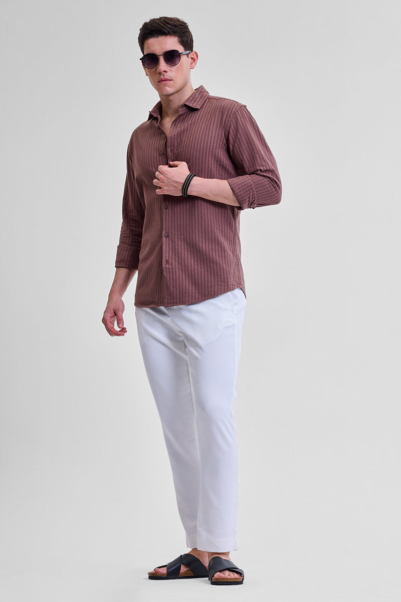 White Self-Design Slim Fit Trousers
