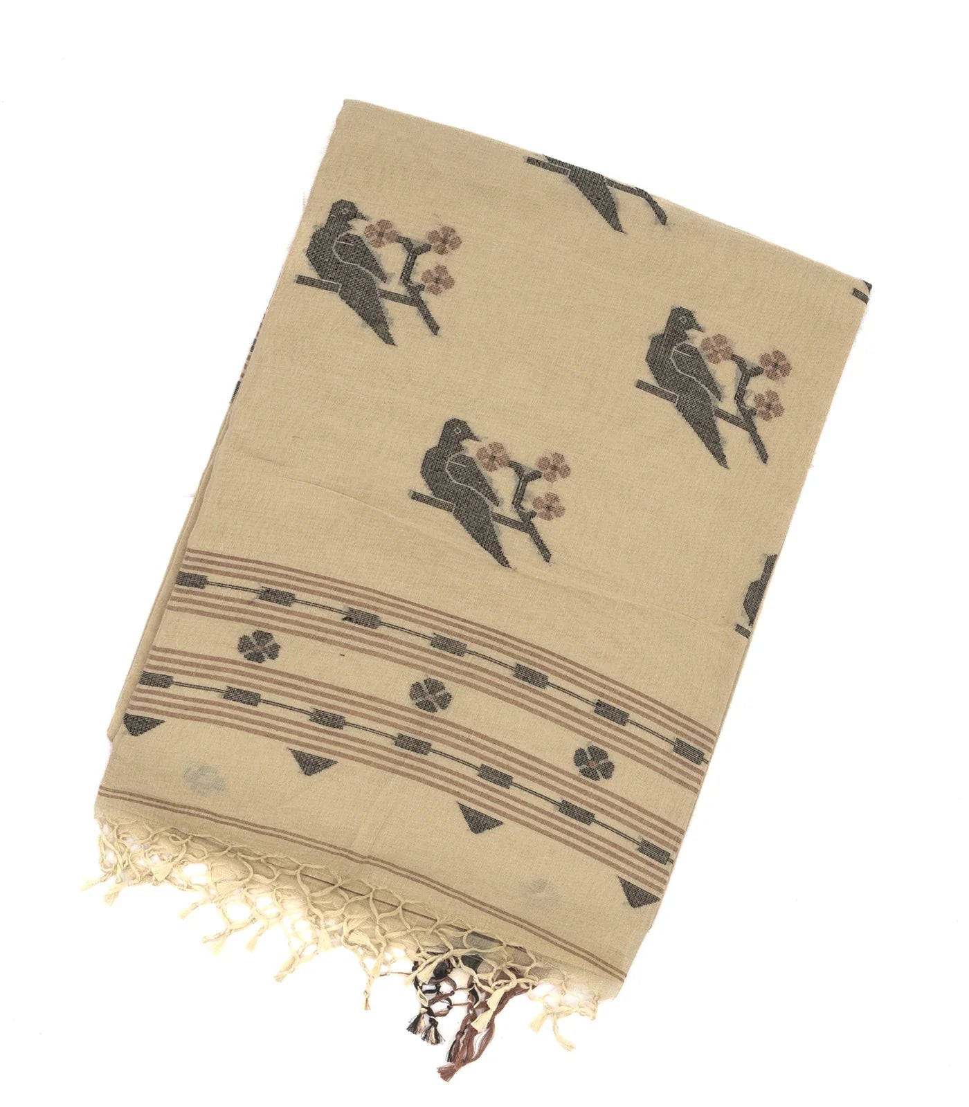 Taupe Handloom Bengal Cotton Saree With Bird Buttas