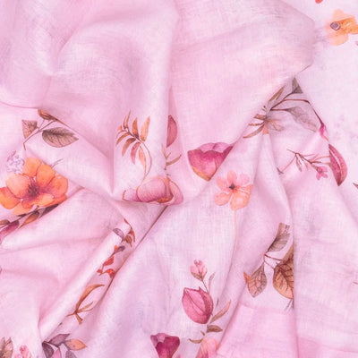 Bubblegum Pink Handloom Linen Saree With Printed Flower Motifs