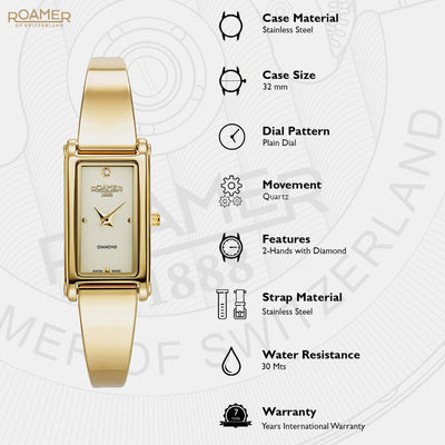 Elegance Diamond Women Quartz Gold Dial Analog Stainless Steel Watch 866845 48 35 20