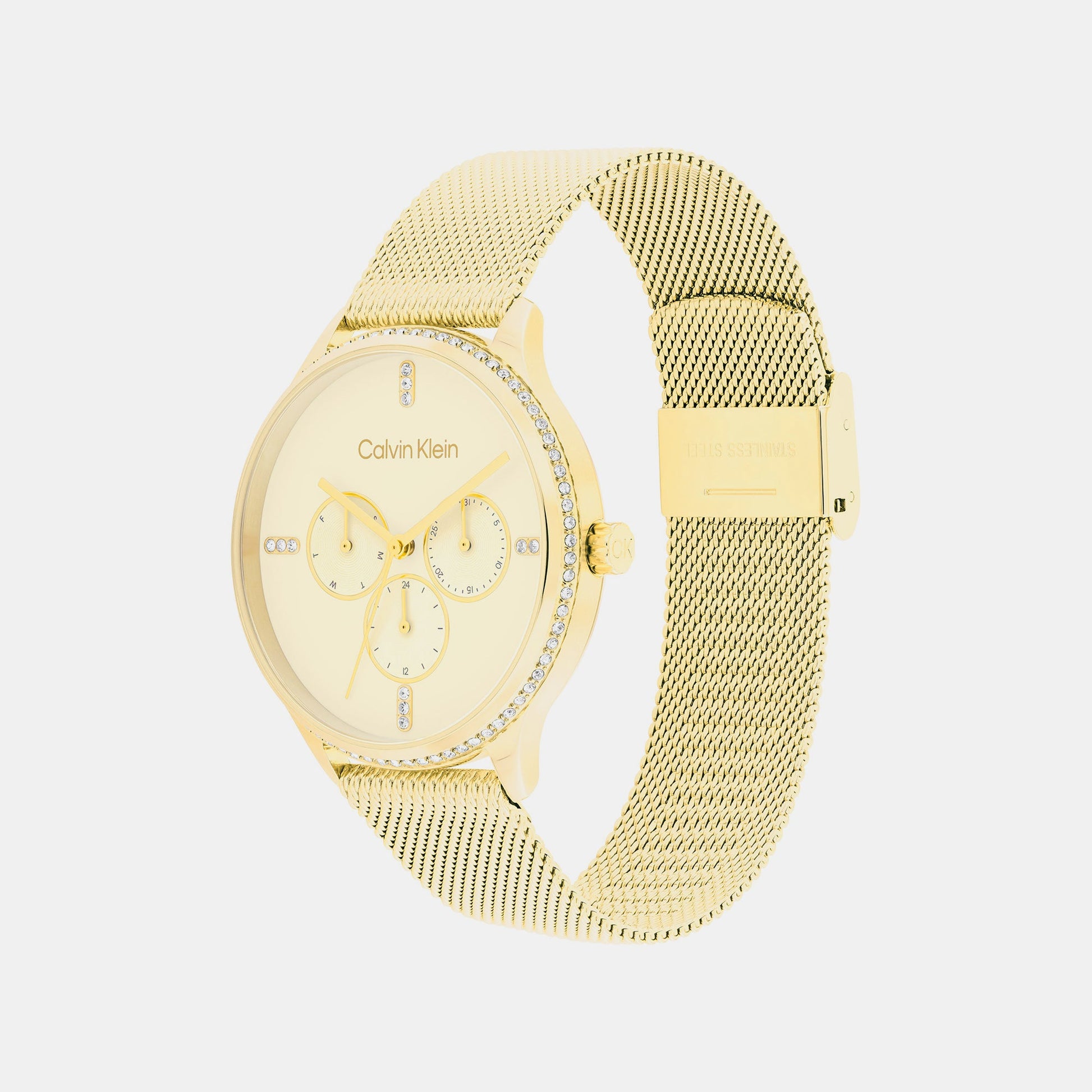 Ck Dress Women Quartz Gold Dial Multi-Function Mesh Watch 25200372