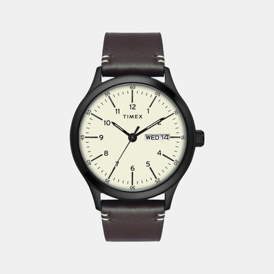 Fashion Men Quartz Beige Dial Analog Leather Watch TWEG19702