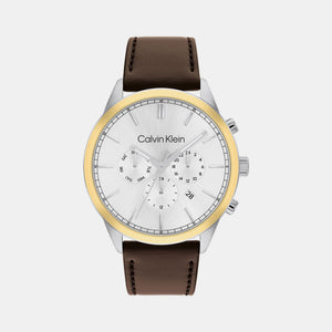 Ck Infinite Men Quartz Silver Dial Chronograph Leather Watch 25200381