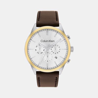 Ck Infinite Men Quartz Silver Dial Chronograph Leather Watch 25200381