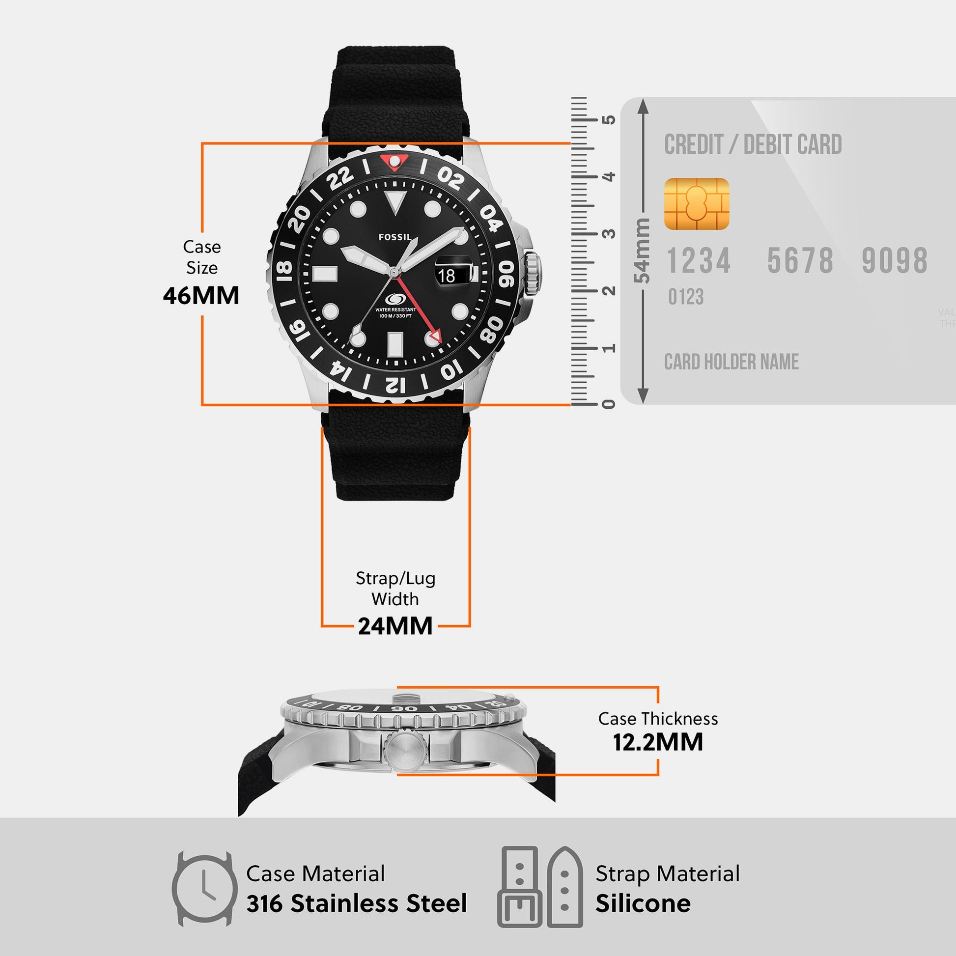 Fossil Blue GMT Men Black Dial Analog Silicone Watch FS6036