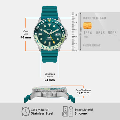Fossil Blue Gmt Men Quartz Green Dial Analog Silicone Watch FS5992