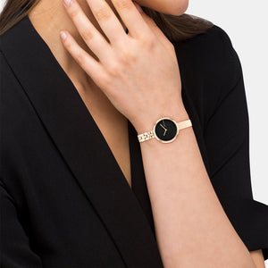 Bangled Women Quartz Black Dial Analog Stainless Steel Watch 25200280