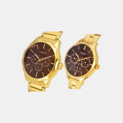Fashion Couple Quartz Brown Dial Chronograph Stainless Steel Watch TW00PR297