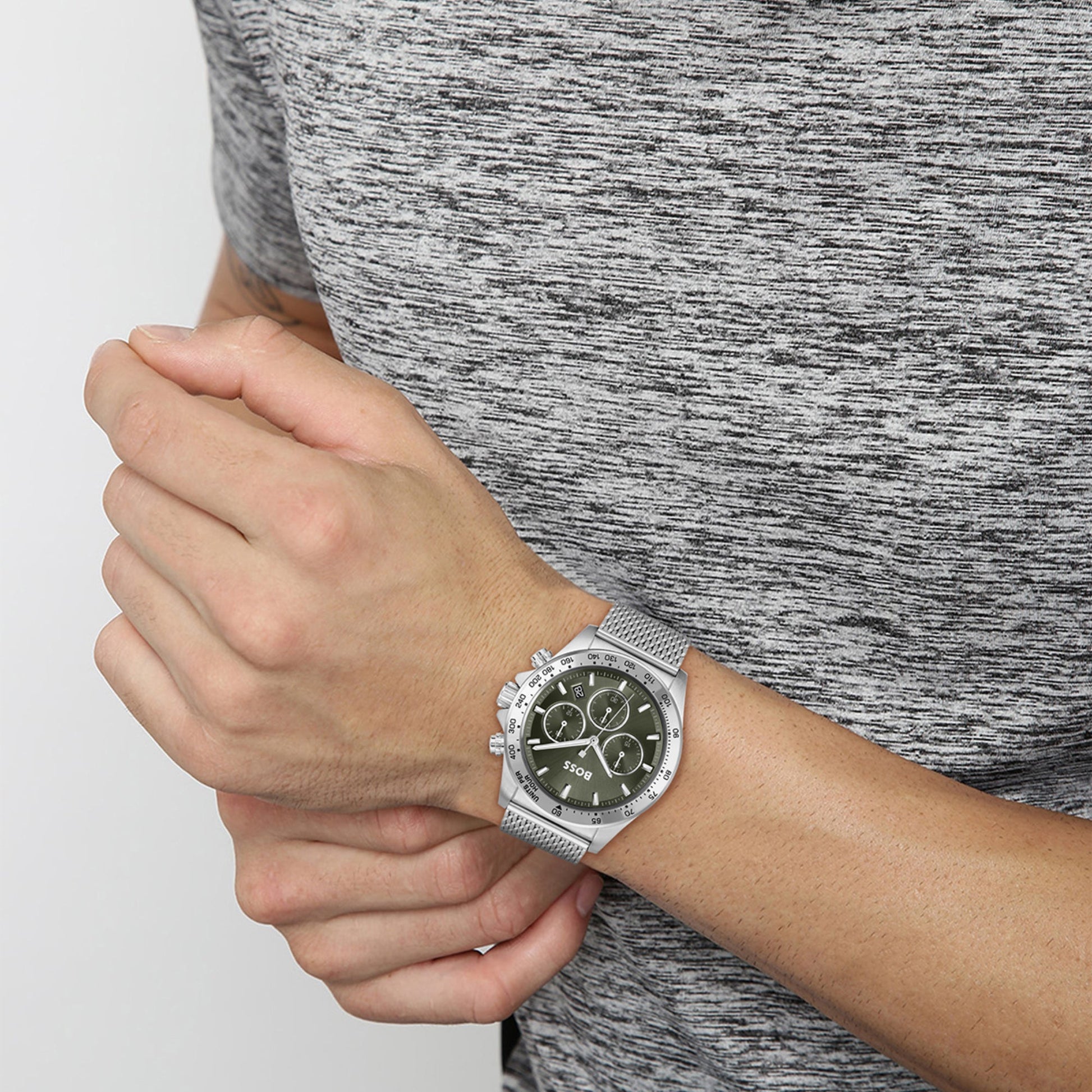 Hero Men Quartz Green Dial Chronograph Mesh Watch 1514020