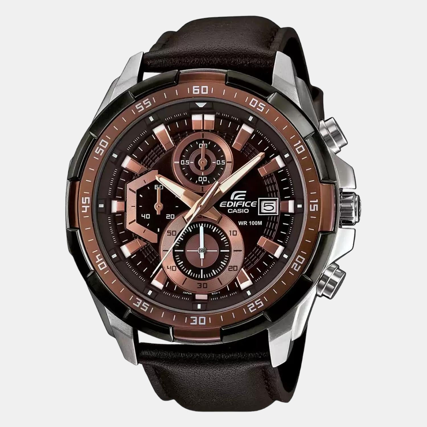 Edifice Men Quartz Black Dial Chronograph Leather Watch EX194