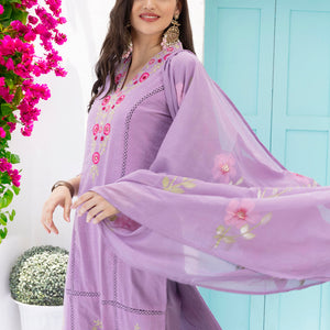 Purple Floral Embroidered Schiffli Pure Cotton Kurta With Trousers & Dupatta