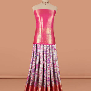 Grey floral vine design art-silk half saree, contrast traditional zari border,zari design blouse & intricate dhavani