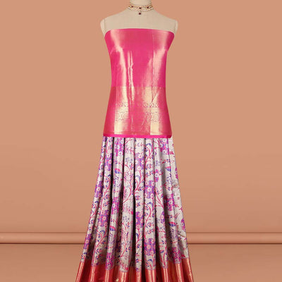 Grey floral vine design art-silk half saree, contrast traditional zari border,zari design blouse & intricate dhavani