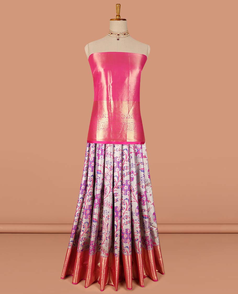 Grey floral vine design art-silk half saree, contrast traditional zari border,zari design blouse & intricate dhavani