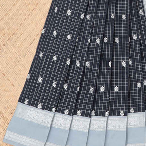 Black checked with floral motifs budget silk saree, contrast zari border & traditional zari design pallu