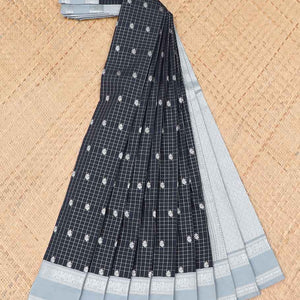 Black checked with floral motifs budget silk saree, contrast zari border & traditional zari design pallu