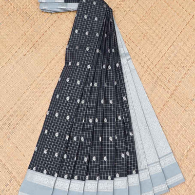 Black checked with floral motifs budget silk saree, contrast zari border & traditional zari design pallu