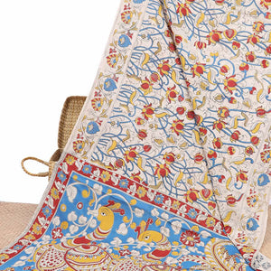 Cream floral machine-printed kalamkari cotton saree, floral creeper border & contrast peacock pallu