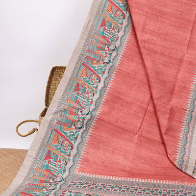 Orange semi-banaras tussar saree with contrast wedding design border & floral , wedding design pallu