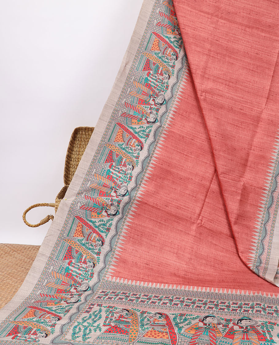 Orange semi-banaras tussar saree with contrast wedding design border & floral , wedding design pallu