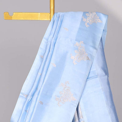 Blue floral buttas raw mango silk saree with self floral border & jaal zari design pallu