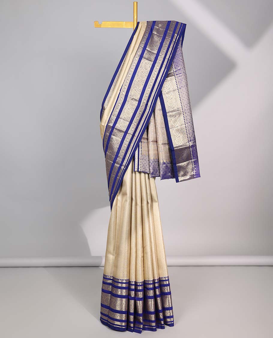 Cream Semi banaras tissue saree with contrast traditional zari border & pallu of intricate design