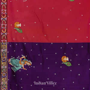 Purple Red Rasaleela Theme Hand-Painted Pattachitra Saree