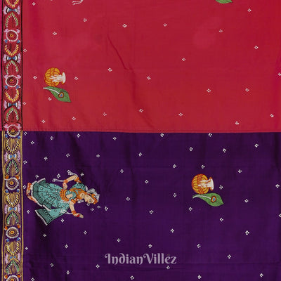 Purple Red Rasaleela Theme Hand-Painted Pattachitra Saree