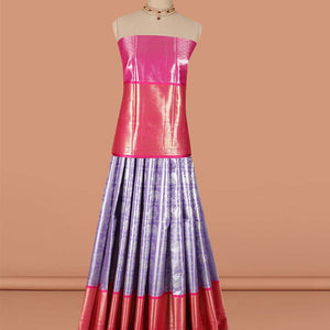 Lavender checked with floral design art-silk half saree, contrast traditional zari border,zari design blouse & floral dhavani