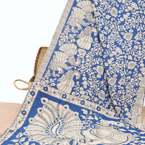 Black floral vine & peacock machine-printed kalamkari cotton saree, self-border & peacock motifs pallu