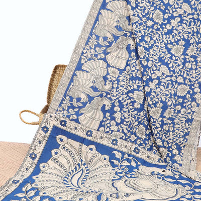 Black floral vine & peacock machine-printed kalamkari cotton saree, self-border & peacock motifs pallu
