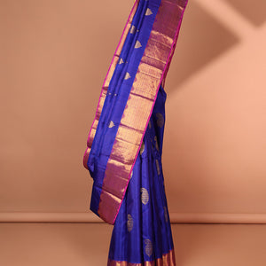 Blue manga buttas silk saree with contrast traditional zari border & intricate  zari design pallu